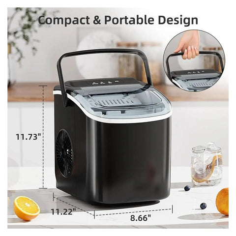 Hella Fast Portable Countertop Ice Maker Drops Fresh Cubes In Six Minutes With Sturdy Carry Handle Self Cleaning Tech Pushes Out Twenty Six Pounds Daily Anytime, showing compact design and dimensions