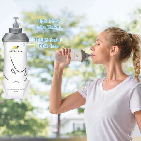 Woman using lightweight hydration vest with 350 ML TPU soft bottle for running hiking and cycling adjustable hands free water pack