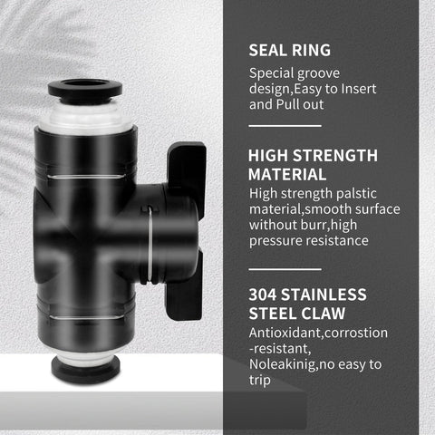 Close-up of 5/16 Push To Connect Ball Valve Union For Pneumatic Air Lines with seal ring and stainless steel claw