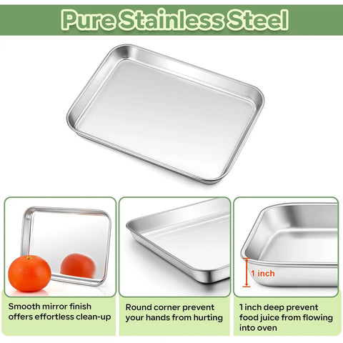 Pure stainless steel toaster oven pan with 1 inch deep smooth mirror finish, shown with tomatoes for comparison.