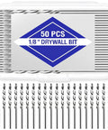 50 Pack Drywall Cutting Bits One Eighth Inch Spiral Saw Tip High Speed Steel Guide Point Drill Bits arranged in a clear box.