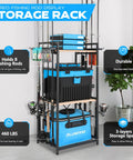 Three Tier Fishing Rod Holder Rack For Garage Up To Eight Rods And Gear Organizer with blue tackle boxes and reels
