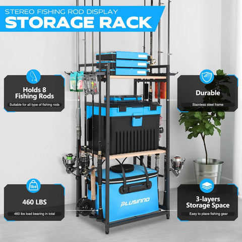 Three Tier Fishing Rod Holder Rack For Garage Up To Eight Rods And Gear Organizer with blue tackle boxes and reels