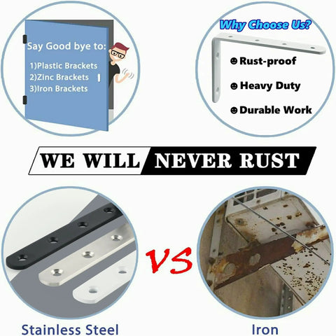 Comparison of Heavy Duty White Floating Shelf Brackets 4 Pack L Brackets For Wall Mounted Storage with rusting iron and stainless steel.