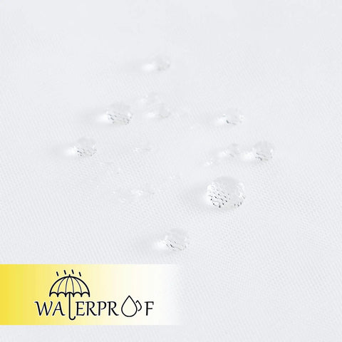 Close-up of waterproof fabric showing water droplets, part of Outdoor Mosquito Netting Panels For Patio Waterproof And Bug Proof Mesh Curtains Extra Wide 118 Inch Two Panels Rod Pocket DIY Adjustable Length And Width For Sunroom White.
