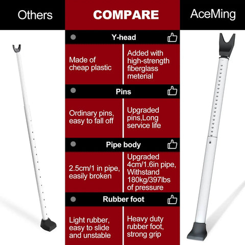 Comparison chart showing differences between standard security bar and AceMing upgraded door security bar with features listed.