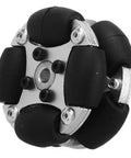 Front view of 38mm aluminum omni wheel with black polyurethane rollers and metal hubs