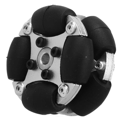 Front view of 38mm aluminum omni wheel with black polyurethane rollers and metal hubs