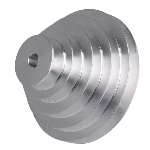 Beefed-Up Aluminum 5 Slot A Type V-Shaped Pulley Kit With 5 Step Ratios For Timing Belt, 14mm Belt Width, Silver Motor Shaft