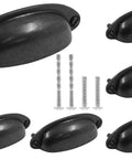 Six Pack Antique Black Cabinet Drawer Pulls With Three And A Half Inch Center To Center Hole Vintage Shell Metal Handles