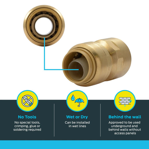 Half Inch FNPT Push To Connect Brass Plumbing Adapter for PEX Copper CPVC PERT HDPE Pipe Fittings Easy To Install In Tight Spaces