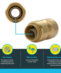 Close-up of 12 Pack 1/2 Inch FNPT Push To Connect Brass Plumbing Adapter Fittings For Quick Transitions From Pipe To MNPT Thread In PEX Copper CPVC PE-RT HDPE And Other Pipe Materials No-Hassle Install, highlighting brass material and features.