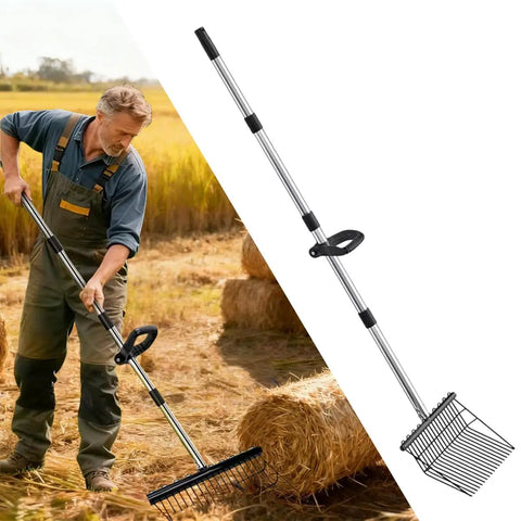 Man using Beefy Adjustable Long Handle Pitch Fork For Garden And Farm Work, Rustproof Heavy Duty Hay Fork With Durable Steel Construction, 65 Inch Length, Perfect For Hay Stacks, Grass, Stable Cleaning, Horse Stall Maintenance