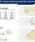 VALISY under-mount drawer slides installation guide with dimensions and choosing chart