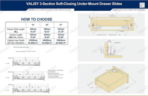 VALISY under-mount drawer slides installation guide with dimensions and choosing chart