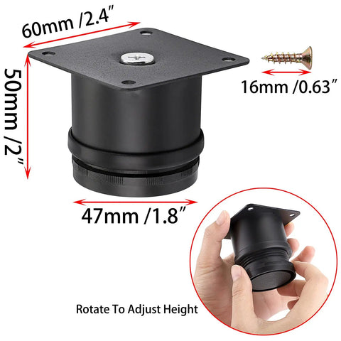 Four 2 Inch Stainless Steel Furniture Legs Set with Adjustable Round Riser Feet shown with measurements and mounting screw