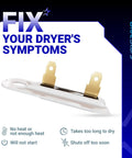 Dryer Thermal Fuse 3392519 Replacement for Kenmore Whirlpool Maytag, white fuse on blue background, text about dryer issues