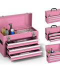 Pink 3-Drawer Metal Tool Box with Locking Mechanism and EVC Liners, Heavy-Duty Steel Construction for Garage and Workshop Use, Open View.