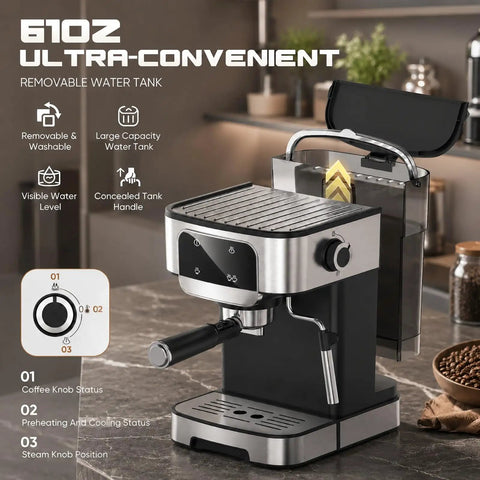 Level Up Your Daily Grind With This Dope Compact Espresso Machine Featuring 20 Bar Pressure Pump Led Touch Panel And One Touch Milk Frother For Smooth Shots Everyday Plus Quick Heat Tech, showcasing removable water tank and controls.