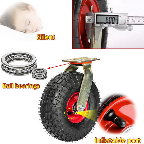 Heavy Duty Replacement Rubber Casters Two Pack Featuring Inflatable Tubeless Tires For Shock Absorbing Swivel Action, showing ball bearings and tire measurement.