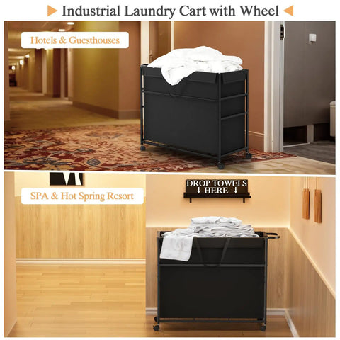 No Fuss Roll Around Trash Cart, 51.5 Gallon Commercial Waste Bin With Twin Lockable Wheels in hotel hallway.