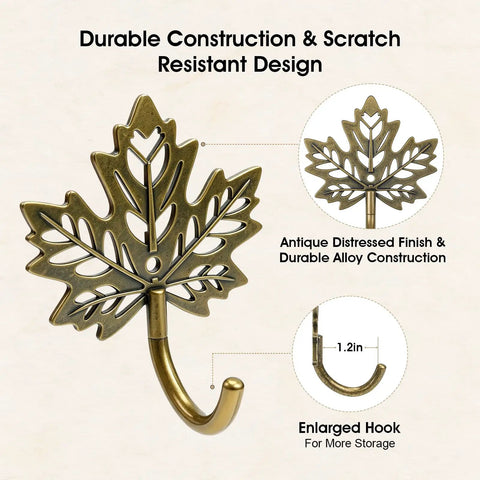Legit Vintage Maple Leaf Wall Hooks Gold Finish Heavy Duty Decorative Rack Built Tough For Coats And Keys Straight Up Farmhouse Home Organization Two Pack with enlarged hook.
