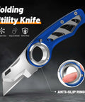 Folding Utility Knife Pocket Knife Heavy Duty Box Cutter With Aluminum Body Quick Change Blades Anti Slip Finger Loop Durable Razor Knife For Home Office And Warehouse Tackle Tough Jobs With Ease, blue aluminum handle