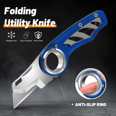 Folding Utility Knife Pocket Knife Heavy Duty Box Cutter With Aluminum Body Quick Change Blades Anti Slip Finger Loop Durable Razor Knife For Home Office And Warehouse Tackle Tough Jobs With Ease, blue aluminum handle