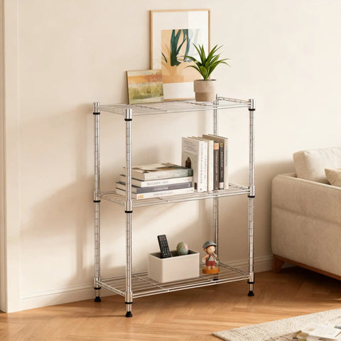 450 Lb Wire Storage Shelving Rack 3 Tier Steel Organizer For Home Kitchen Office Chrome Finish Sturdy Metal Shelving Unit 11.8 Inch Deep 17.7 Inch Wide 26.4 Inch High in living room with books and plant