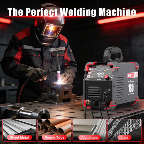 180 Amp DC Pulse TIG Welder with Cold Start and LED Display in use, welding sheet metal on workbench in shop setting