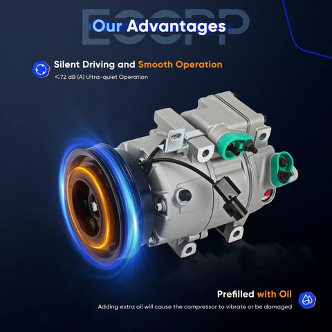 Top Shelf Heavy Duty AC Compressor Unit Compatible With 2006 Through 2012 Hyundai Santa Fe Sonata Azera showing prefilled design and 120mm pulley.
