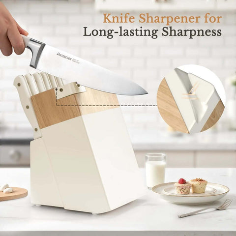 14 Piece Full Tang Kitchen Knife Set With Wood Block Sharpener in kitchen setting, showing ergonomic handles and high-carbon stainless steel blades