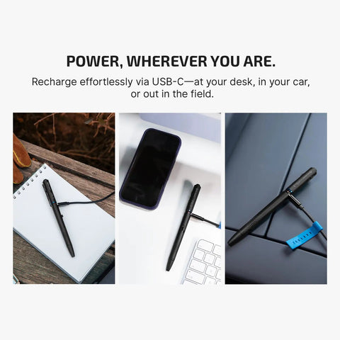 Three scenarios showing O'Pen 3 EDC Pen Light Go-To 4 in 1 Bolt Action USB C Rechargeable Flashlight being charged via USB-C cable