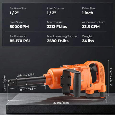 1 Inch High Torque Air Impact Wrench Dishing Out Maximum Beef With Up To 2580 Foot Pounds Of Loosening Power And A Lightning Quick 5000 Rpm Spindle detail image showing specs and design.
