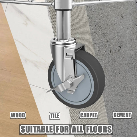 5 Inch Heavy Duty Caster Set With Brake for Wire Shelving Racks Replacement Wheels Four Pack, suitable for wood, tile, carpet, cement floors
