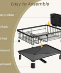Exploded view of Space Saving Dish Rack For Small Kitchens With Utensil Holder And Drainboard, Angled Drainer in Stainless Steel, Black Finish