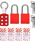 Industrial Safety Lockout Kit with 6 Hole Tamper Proof Hasps, aluminum padlocks, keys, and warning tags for equipment shutdown.