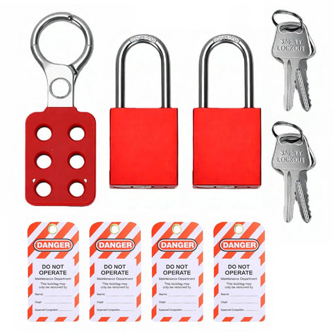 Industrial Safety Lockout Kit with 6 Hole Tamper Proof Hasps, aluminum padlocks, keys, and warning tags for equipment shutdown.