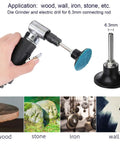 Hand holding a sanding tool with quick change disks, showing applications on wood, stone, iron, and wall surfaces.