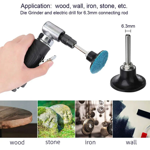 Hand holding a sanding tool with quick change disks, showing applications on wood, stone, iron, and wall surfaces.