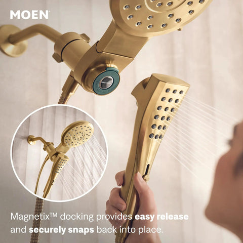 Slick Brushed Gold Shower Head And Handheld Combo With Eight Custom Spray Modes Magnetic Quick Connect Dock Heavy Duty Seventy Two Inch Hose For Hassle Free Daily Refresh Routine