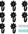 Heavy Duty Retro Flower Wall Hooks Eight Pack Slick Vintage Decorative Hardware with black iron design and included screws.