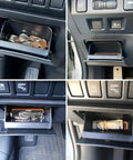 Subaru Dope Fuse Box Coin Holder And Orange Storage Tray installed, holding coins and cash, in a Subaru vehicle's fuse box area