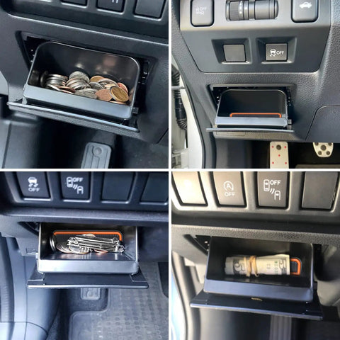 Subaru Dope Fuse Box Coin Holder And Orange Storage Tray installed, holding coins and cash, in a Subaru vehicle's fuse box area