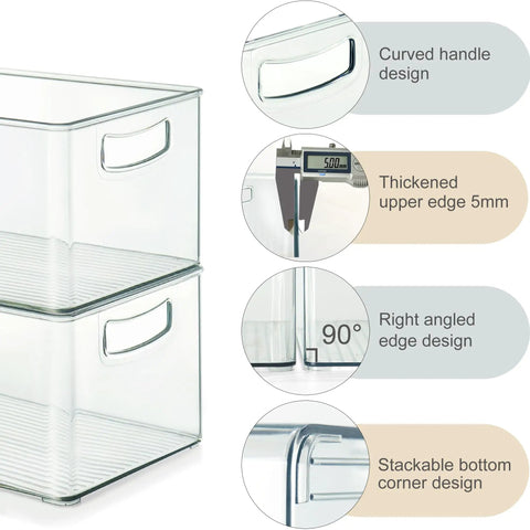 Kick Clutter To The Curb With These 8 Pack Freezer Organizer Bins Featuring Reinforced Handles And Thickened Food Grade Plastic For Fridge Pantry Storage That Really Keeps Your Kitchen Game Strong, showcasing curved handles and 5mm thick edges.