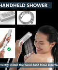 Woman using handheld spray from Ceiling Mount Shower System With Rain Head And Handheld Spray High Pressure Chrome Faucet Set