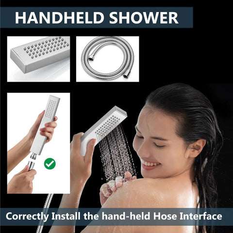 Woman using handheld spray from Ceiling Mount Shower System With Rain Head And Handheld Spray High Pressure Chrome Faucet Set
