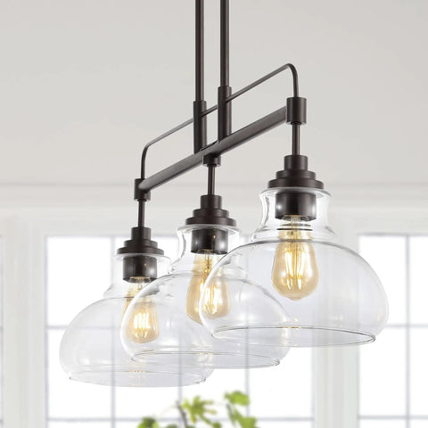 Oil Rubbed Bronze 3 Light Linear Pendant With Iron And Glass, Farmhouse Industrial Kitchen Island Light, Schoolhouse Shade Design