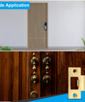 2-3/4 Inch Stainless Steel Gold Door Strike Plate Set, 2 Pack With Screws, shown installed on various doors.
