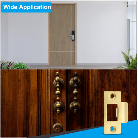 2-3/4 Inch Stainless Steel Gold Door Strike Plate Set, 2 Pack With Screws, shown installed on various doors.